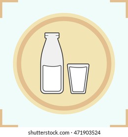 Milk bottle and glass color icon. Dairy product. Kefir. Isolated vector illustration