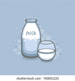 Milk bottle and glass cup. food vector illustration. Template for logo and packaging design.