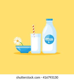 Milk bottle and milk glass. Healthy eating concept for graphic and web design