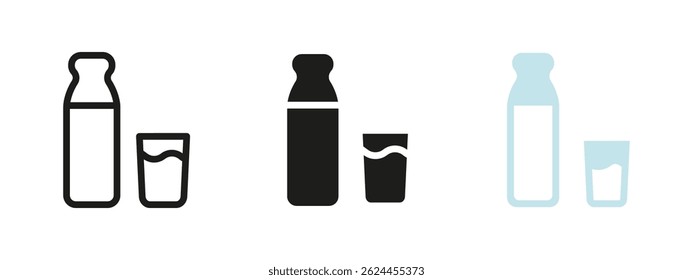 Milk bottle and glass icon. Dairy drink container vector illustration. Classic symbol of fresh nutrition and healthy beverage. Breakfast product and calcium source pictogram.