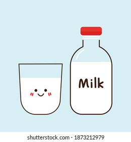 Milk bottle, milk in a glass icon and hand written font sign isolated on white background vector illustration. Cute cartoon food.