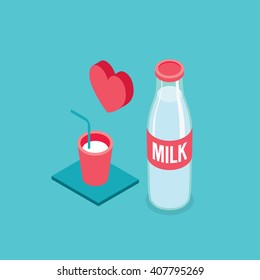 Milk bottle and glass Modern Isometric design