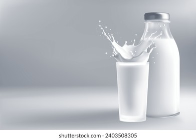 Milk bottle and glass with splash on gray background. Vector illustration.
