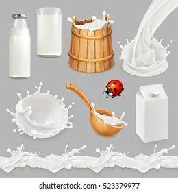 Milk. Bottle, glass, spoon, bucket. Drops seamless pattern. Natural dairy products. 3d vector object set