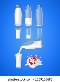 Milk bottle and glass transparent set. Full, half and empty packages include. Milk poured from a bottle into a glass. Berry with splash. Realistic style vector art illustration on blue background. 