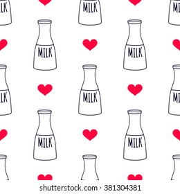 milk bottle and heart. funny seamless background. EPS 10