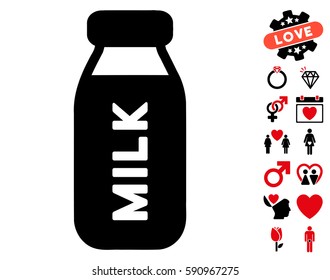 Milk Bottle icon with bonus lovely images. Vector illustration style is flat iconic intensive red and black symbols on white background.