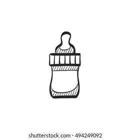 Milk bottle icon in doodle sketch lines. Baby toddler pacifier drinking comforter 