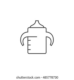 Milk bottle icon in thin outline style. Baby toddler pacifier drinking comforter