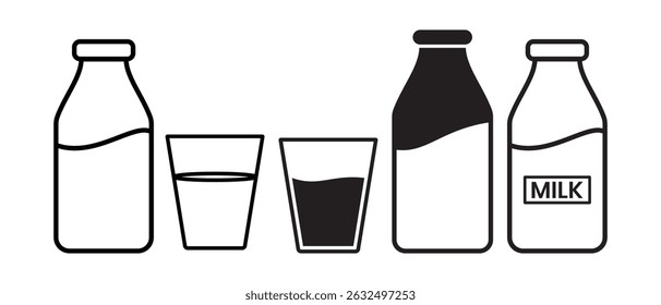 Milk bottle icon vector with glass. Line icon of milk bottle silhouette. Glass and bottle sign and symbol vector illustration.