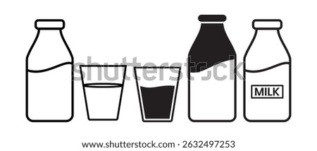 Milk bottle icon vector with glass. Line icon of milk bottle silhouette. Glass and bottle sign and symbol vector illustration.