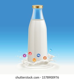 Milk Bottle Isolated on Blue Background. Glass Bottle with Milk. Traditional Old Fashioned Glass Milk Bottle. Useful and Vitamins Template with Splash