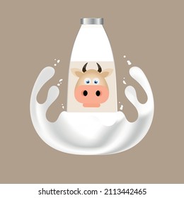 frasco de leche con etiqueta. salpicar leche alrededor de una botella de vidrio. vaca en etiqueta. ilustración vectorial, eps 10.