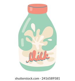 Milk bottle. Little bottle of cow milk or vegan plant-based milk, cashew, soya, oatmeal, almond, or coconut milk. Vector hand drawn cartoon dairy product bottle illustration on white background.