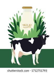 Milk in bottle on floral background Holstein Friesian cow Flat vector illustration Farmland and agriculture Organic farm shop or market set