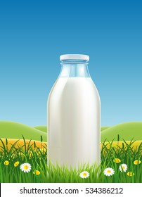 milk bottle on grass field with chamomile