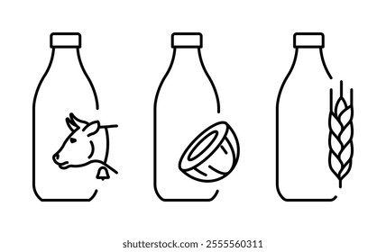 Milk in bottle, options - regular, coconut, oat. Dairy products, breakfast, veggie milk, ingredient. Editable strokes linear illustration.