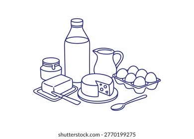 Milk bottle, pitcher, butter, cheese, jar, spoon and eggs in carton. Simple line art dairy products.