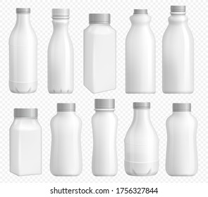 Milk bottle plastic. Blank package with cap for dairy product. White yogurt bottle template and milk plastic pack isolated set. Realistic packaging tube for liquid dessert