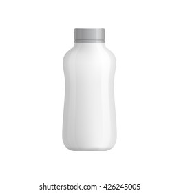 Milk bottle. Plastic package template. Realistic bottle mockup with blank for brand design. Milk, yogurt, fruit or vegetable juice pack icon isolated on white background. Vector object illustration
