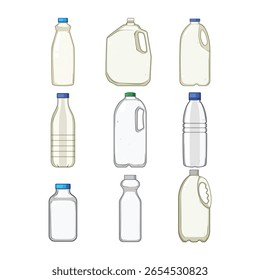 Conjunto de plástico de botella de leche de dibujos animados. biodegradable ecológico, residuos de embalaje, medio ambiente reutilizar botella de leche de plástico signo. símbolo aislado Ilustración vectorial