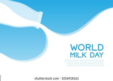 Milk Bottle Pouring, World Milk Day Concept Flat Design Illustration Isolated On Blue Gradient Background With Copy Space, Vector Eps 10