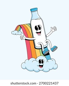 milk bottle rainbow slide character groovy cartoon illustration