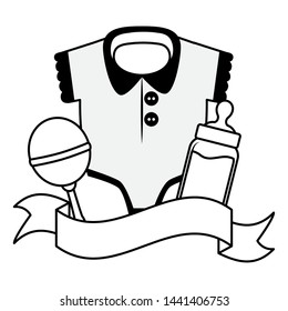 milk bottle rattle clothes boy decoration baby shower card vector illustration