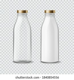 Milk bottle. Realistic empty and full bottles for water, juice and liquids, closed packaging with golden cap, 3d mockup of glass container for drinks. Blank product advertising template vector set