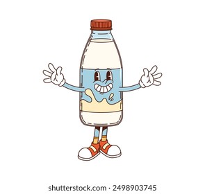 Milk bottle retro groovy breakfast character. Isolated cartoon vector cheerful, smiling, happy dairy product glass flask, with expressive face. Healthy drink personage in a joyful funky welcoming pose