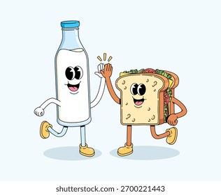 milk bottle and sandwich high five character groovy cartoon illustration