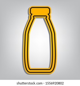 Milk bottle sign. Flat orange icon with overlapping linear black icon with gray shadow at whitish background. Illustration.