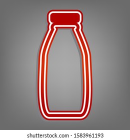 Milk bottle sign. Flat red icon with linear white icon with gray shadow at grayish background. Illustration.