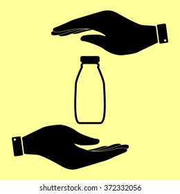 Milk bottle sign. Save or protect symbol by hands.