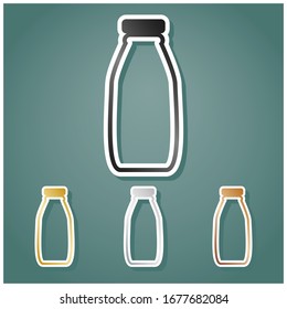 Milk bottle sign. Set of metallic Icons with gray, gold, silver and bronze gradient with white contour and shadow at viridan background. Illustration.