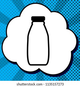 Milk bottle sign. Vector. Black icon in bubble on blue pop-art background with rays.