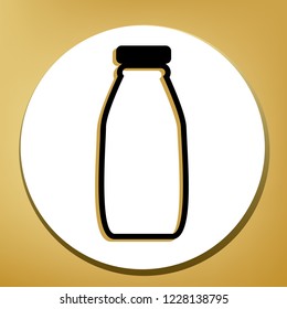 Milk bottle sign. Vector. Black icon with light brown shadow in white circle with shaped ring at golden background.