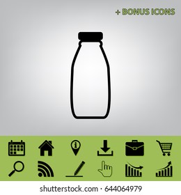 Milk bottle sign. Vector. Black icon at gray background with bonus icons at celery ones