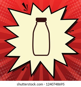 Milk bottle sign. Vector. Dark red icon in lemon chiffon shutter bubble at red popart background with rays.