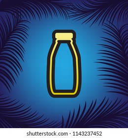 Milk bottle sign. Vector. Golden icon with black contour at blue background with branches of palm trees.