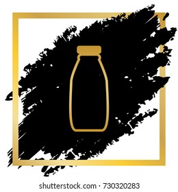 Milk bottle sign. Vector. Golden icon at black spot inside golden frame on white background.