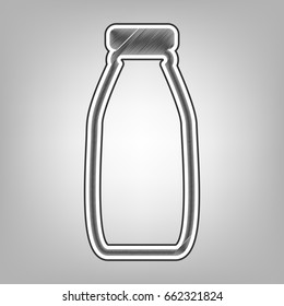 Milk bottle sign. Vector. Pencil sketch imitation. Dark gray scribble icon with dark gray outer contour at gray background.