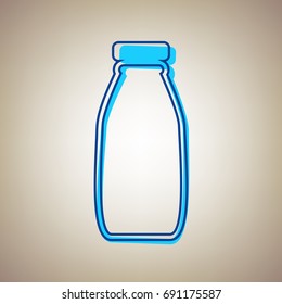 Milk bottle sign. Vector. Sky blue icon with defected blue contour on beige background.