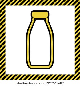 Milk bottle sign. Vector. Warm yellow icon with black contour in frame named as under construction at white background. Isolated.