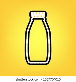 Milk bottle sign. Vector. Yellow polka dot white icon with black contour at warm yellow background.