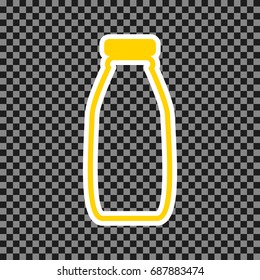 Milk bottle sign. Vector. Yellow icon with white contour on dark transparent background.
