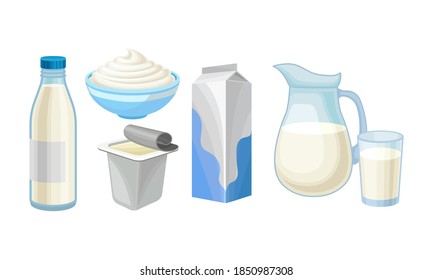 Milk in Bottle and Sour Cream in Bowl as Dairy Product Vector Set