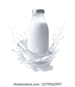 milk bottle with splash 3d vector.Mesh gradient wes