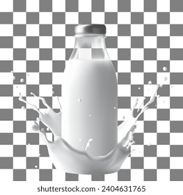 Milk bottle with splash isolated on transparent background. Vector illustration.