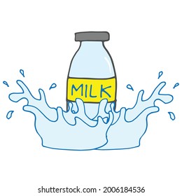 milk bottle with splash water illustration on white background. hand drawn vector. product advertising. doodle art for logo, label, poster, banner, clipart, sticker. sweet taste, healthy drink. 